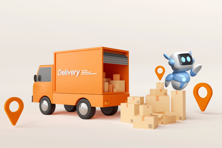 an image depicting a large courier van with parcels and an AI call agent