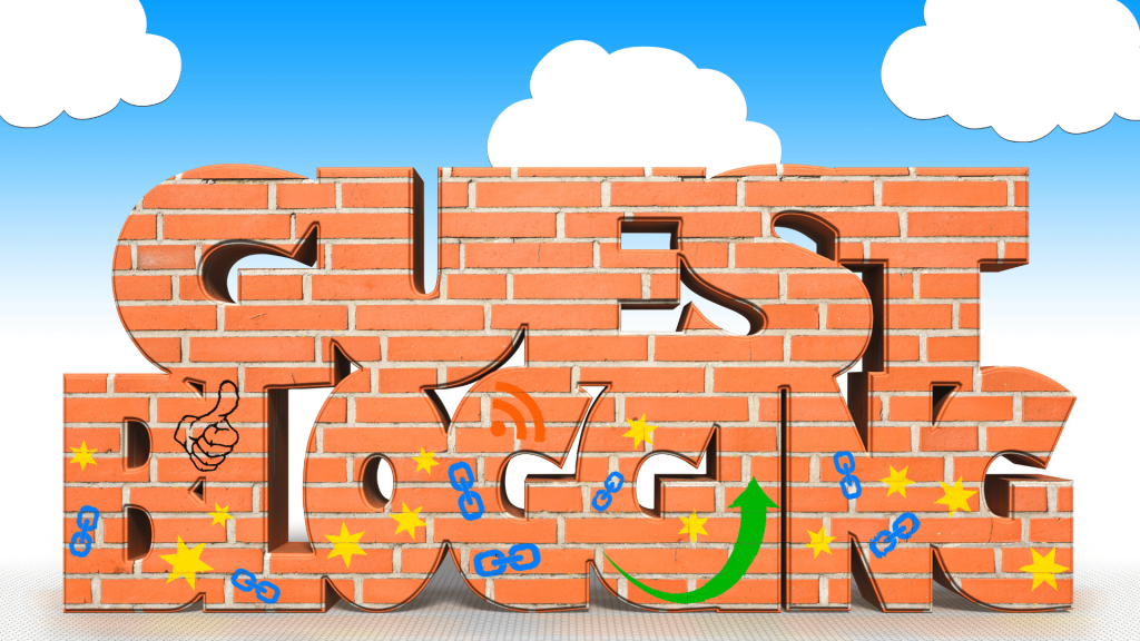 the words guest blogging in a brickwork design with blue sky and white clouds in the background