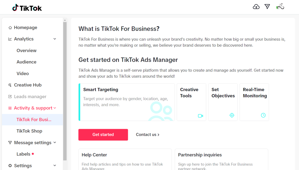 screenshot of tiktok business creators page