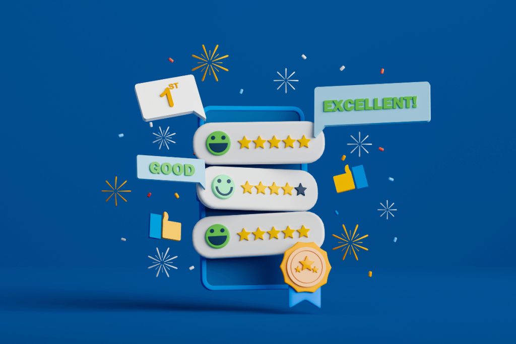 an image depicting positive customer reviews with 5 stars and smiley emojis