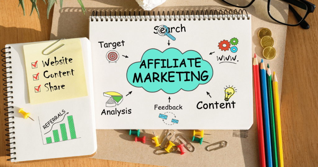 affiliate marketing diagram written on white notepad