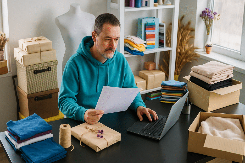 a man in his 50s running an e-commerce business from home