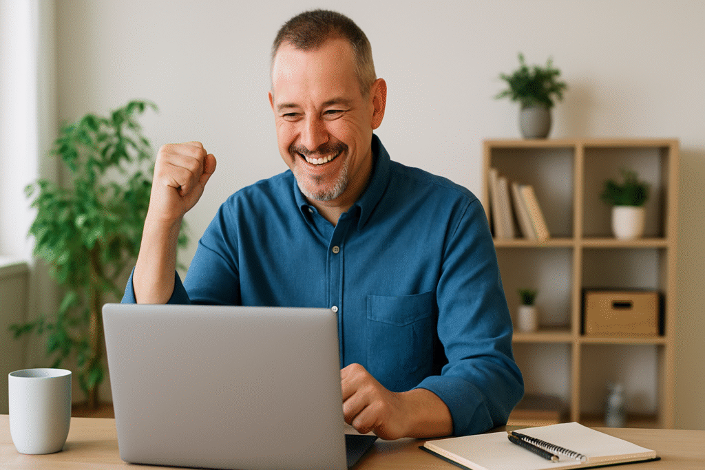 a man in his 50s smiling with a clenched fist looking at a laptop display
