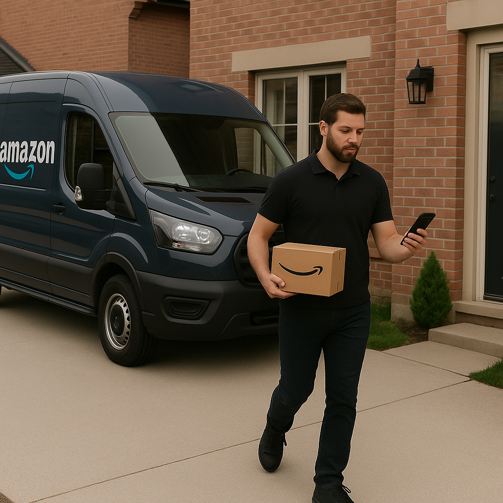 an amazon driver with a parcel walking away from a van - amazon delivery jobs near me