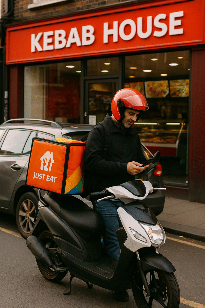 a just eat rider on a moped outside a kebab house - just eat jobs near me
