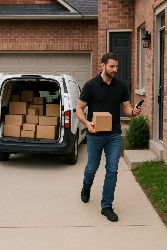 Man delivering parcels from van outside suburban home ā delivery jobs UK