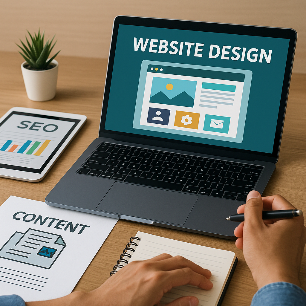 an image depicting mediathrive's services website design, seo and content creation