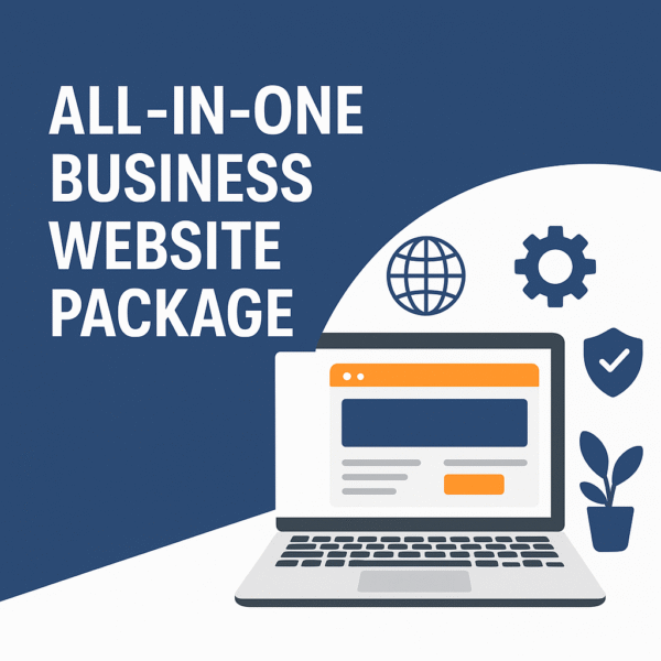All-in-One Business Website Package illustration showing laptop with website elements and service icons